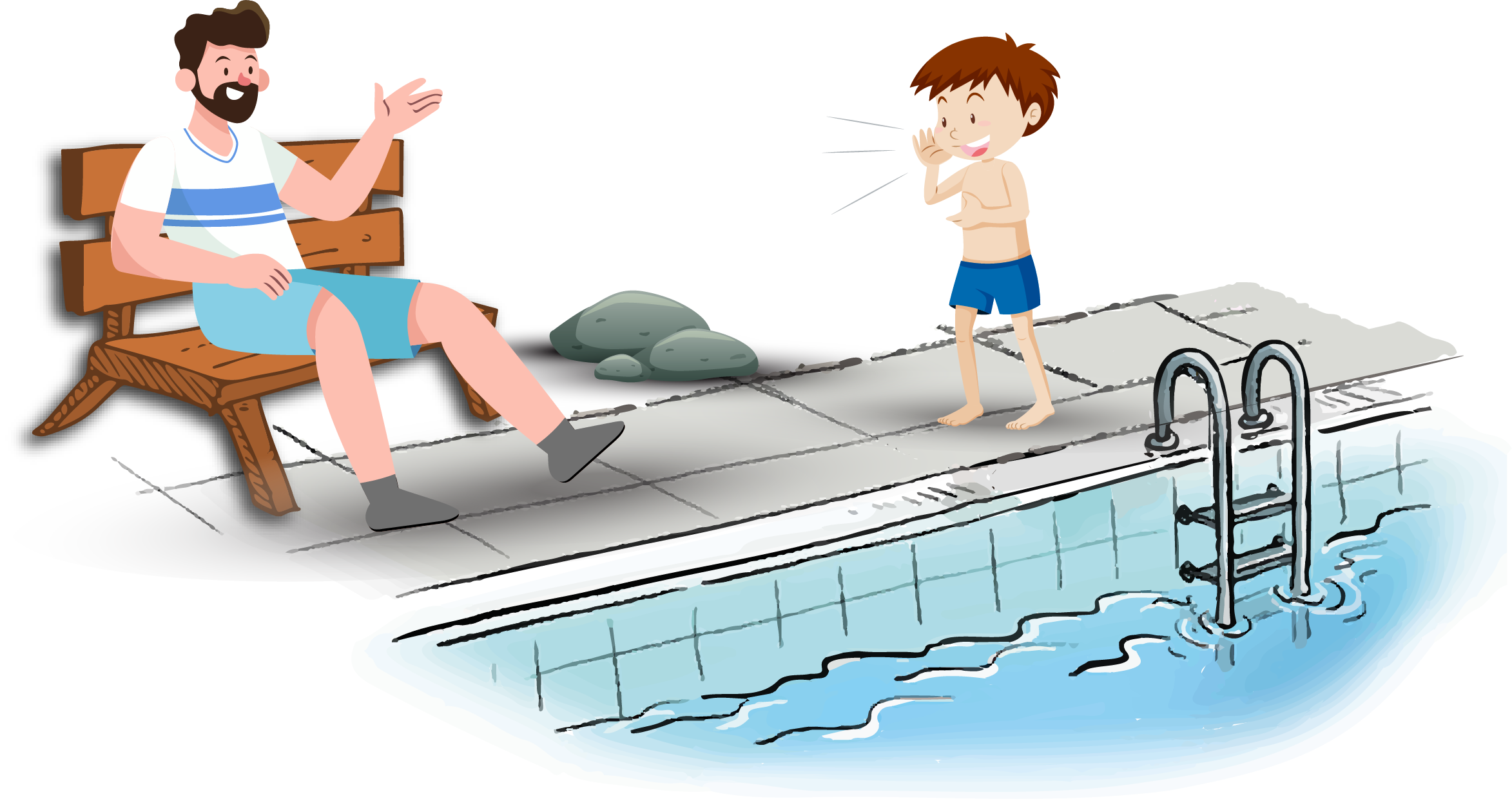 Illustration einer Schwimmbadszene auf der ein Junge am Beckenrand einem Erwachsenen etwas zuruft.