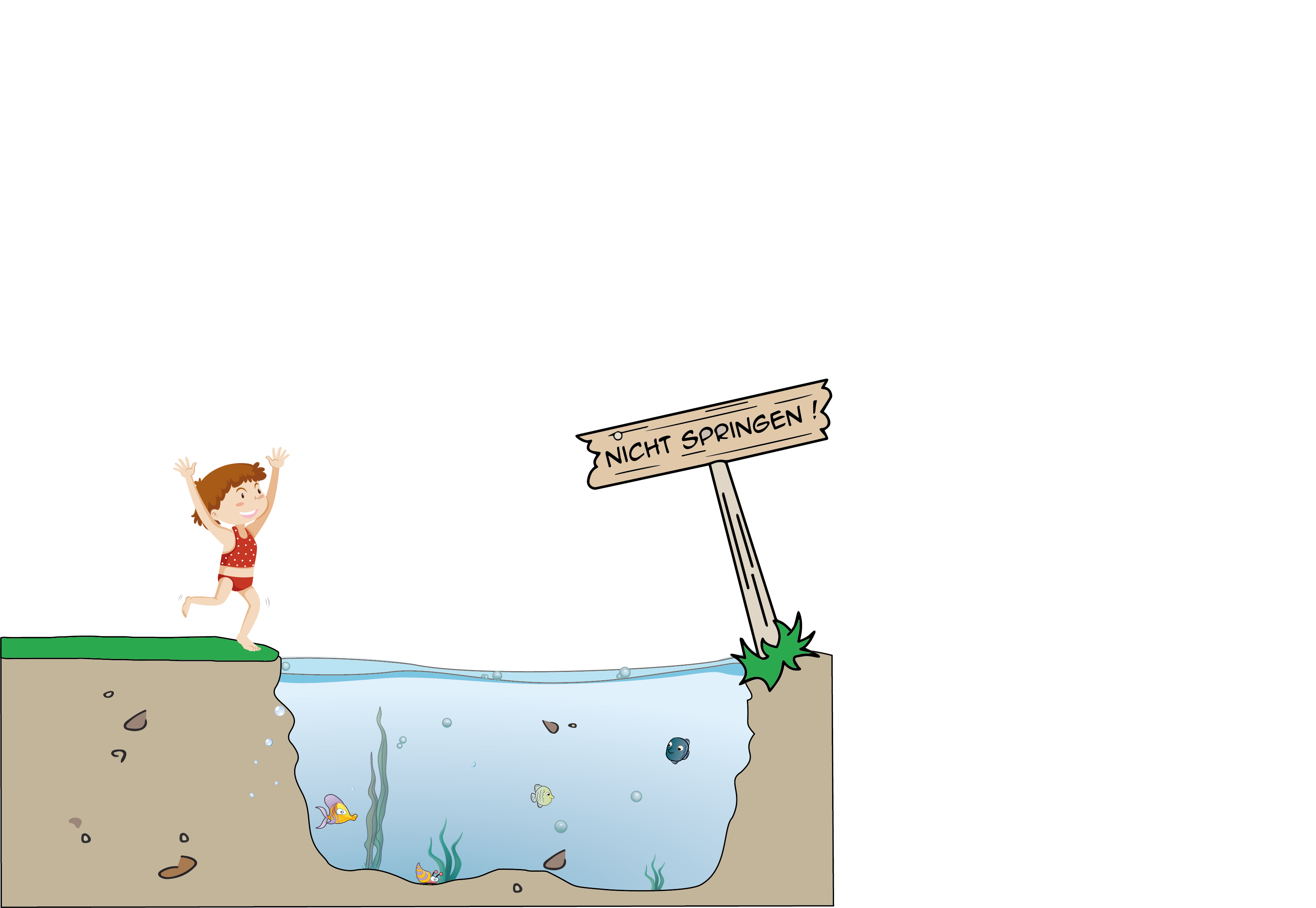 Illustration einer Aussenszene bei dem ein Kind in ein Gewässer springen möchte obwohl dort ein Schild mit der Aufschrift NICHT SPRINGEN aufgestellt ist.