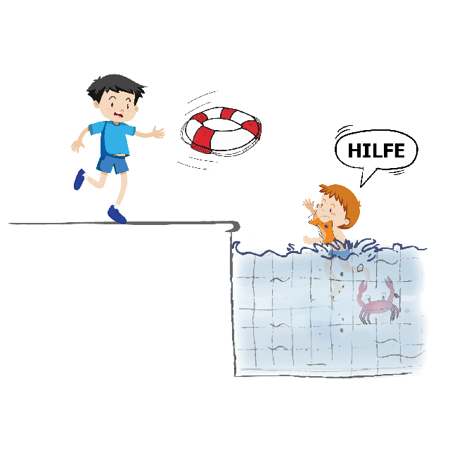 Illustration einer Rettungsszene im Schwimmbad, bei dem ein Kind dem anderen einen Rettungsring zuwirft.