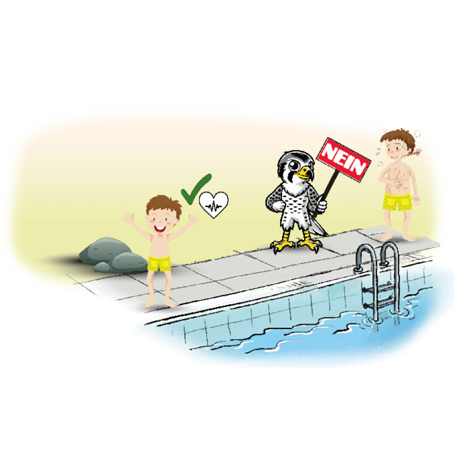 Illustration einer Schwimmbadszene mit einem gesunden und einem kranken Kind am Beckenrand und dem Falke der ein Schild mit der Aufschrift NEIN hochhällt.