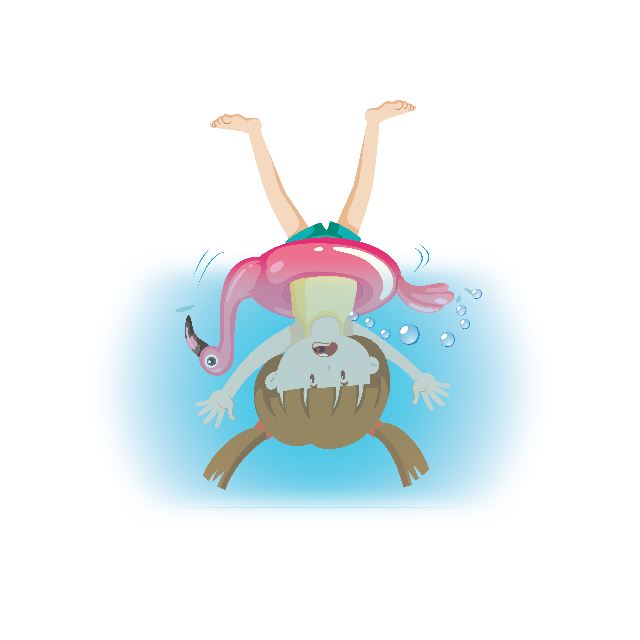 Illustration eines Mädchens, welches kopfüber mit einem Schwimmring im Wasser untertaucht.
