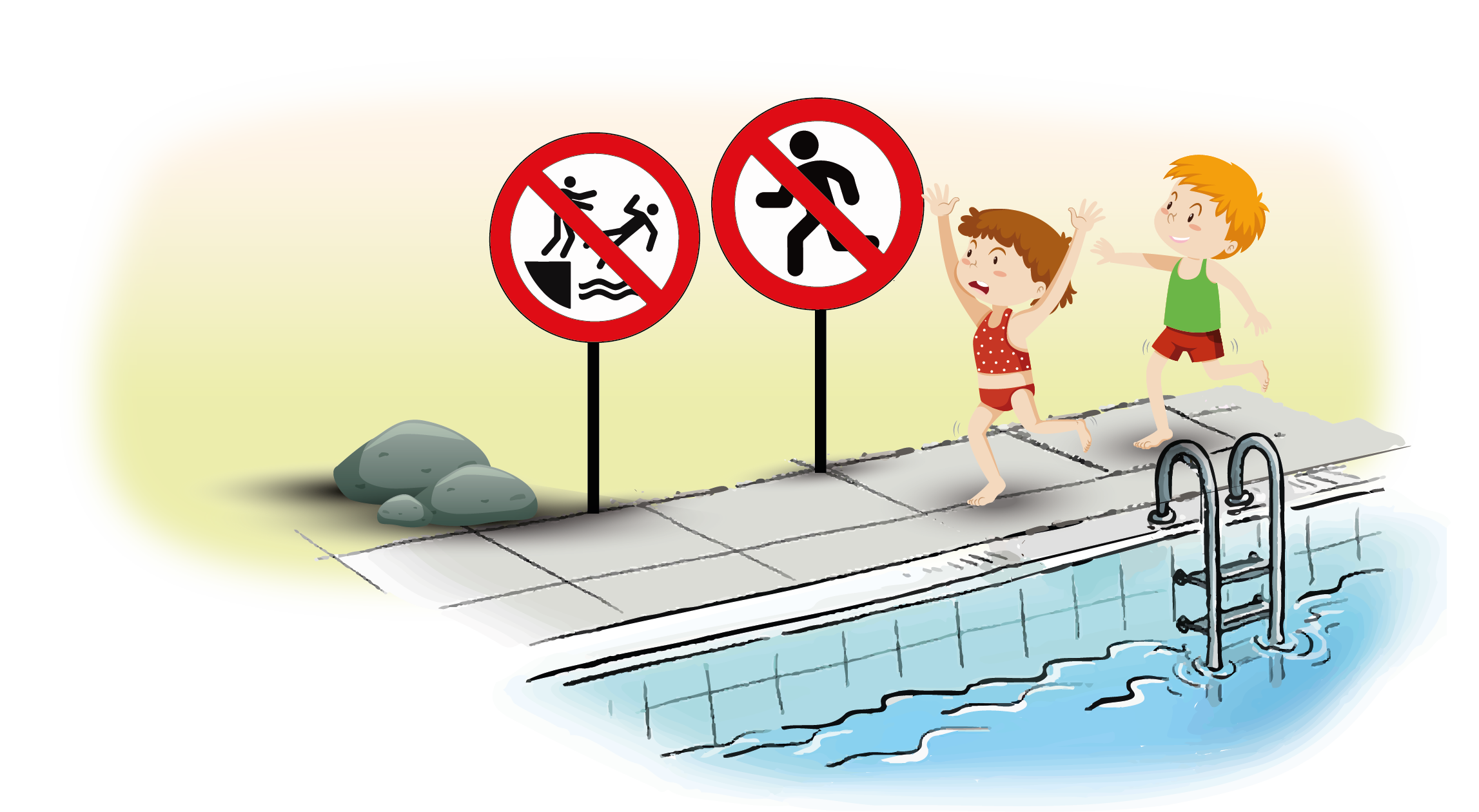 Illustration einer Schwimmbadszene mit zwei Verbotsschildern am Beckenrand und zwei Kindern die dort entlang rennen.
