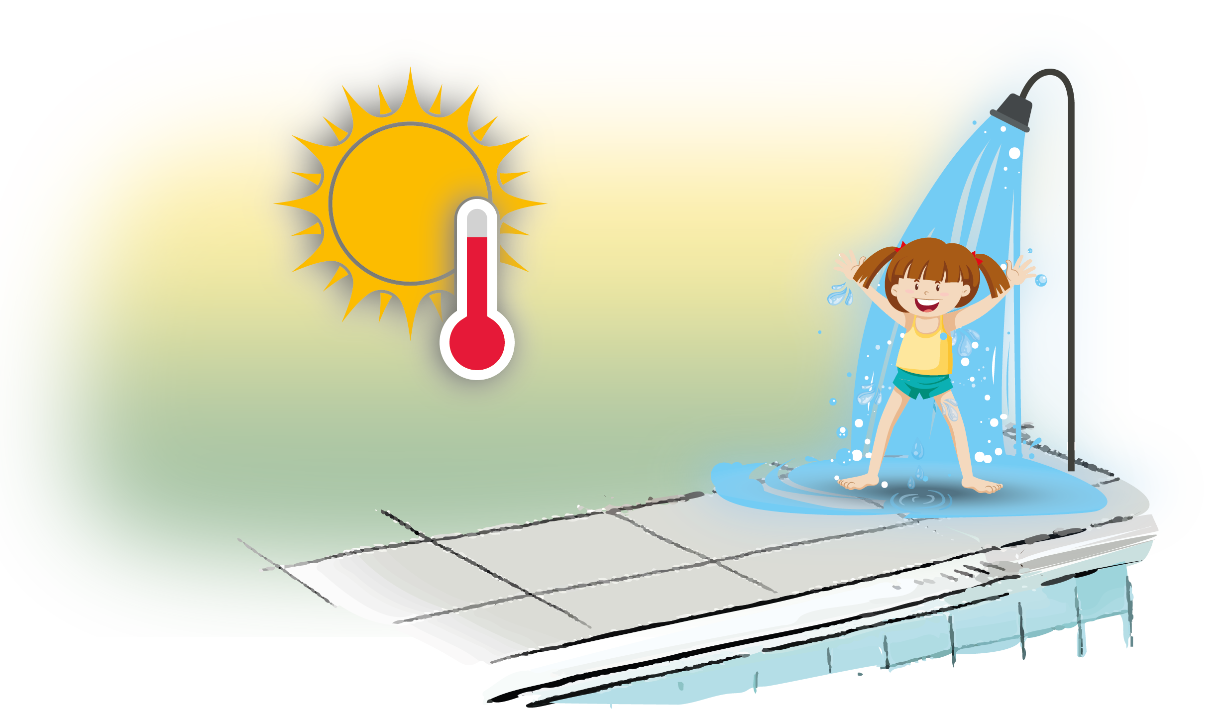 Illustration eines Kindes, welches sich bei hohen Temperaturen unter der Dusche abkühlt.