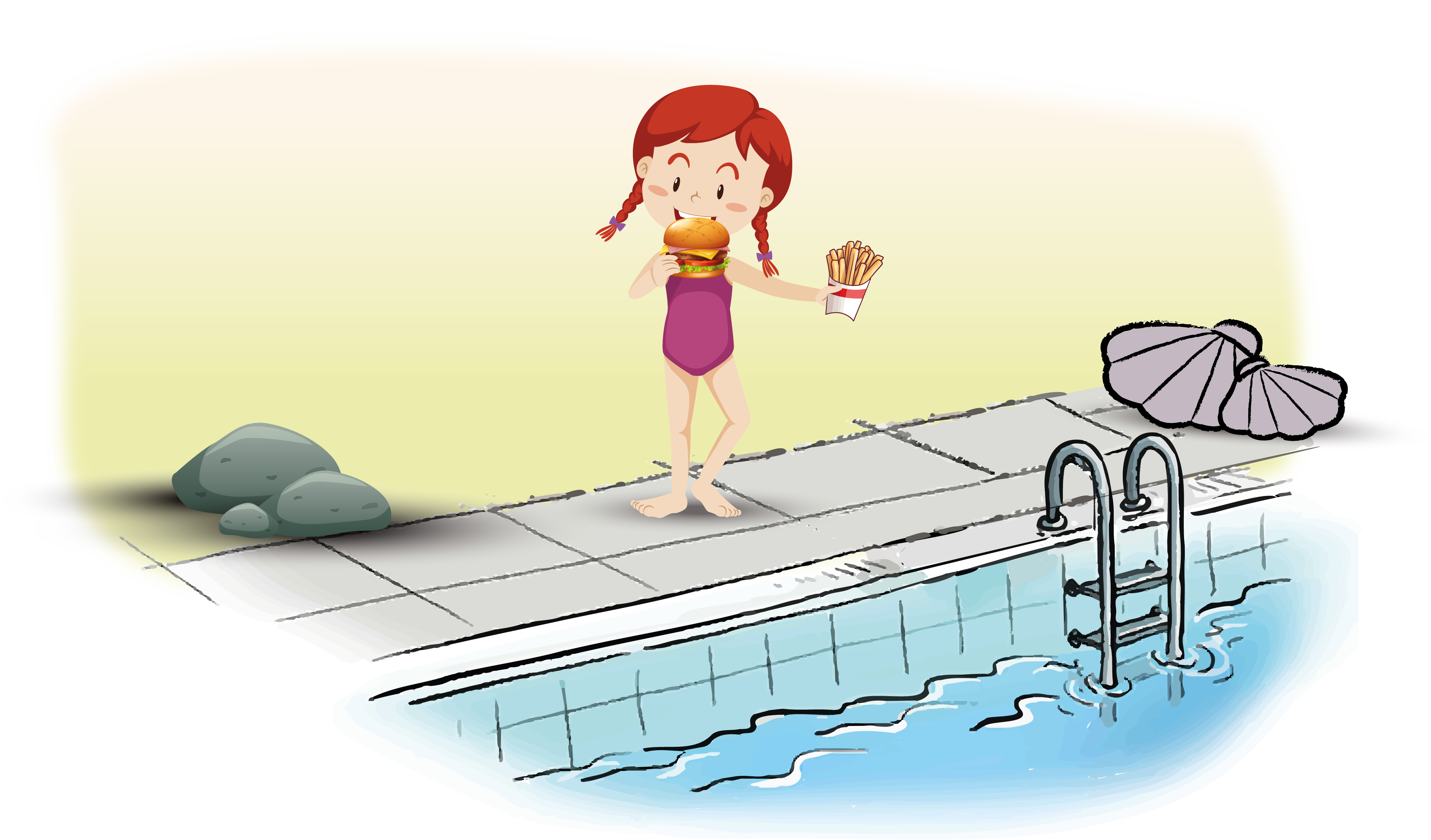 Illustration einer Schwimmbadszene auf der ein Mädchen am Beckenrand einen Burger isst und eine Portion Pommes hällt.
