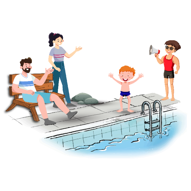 Illustration einer Schwimmbadszene mit einem Kind am Beckenrand, Eltern und einem Bademeister.