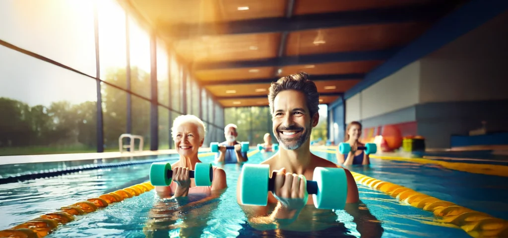 Menschen mit Aquahanteln im Schwimmbecken